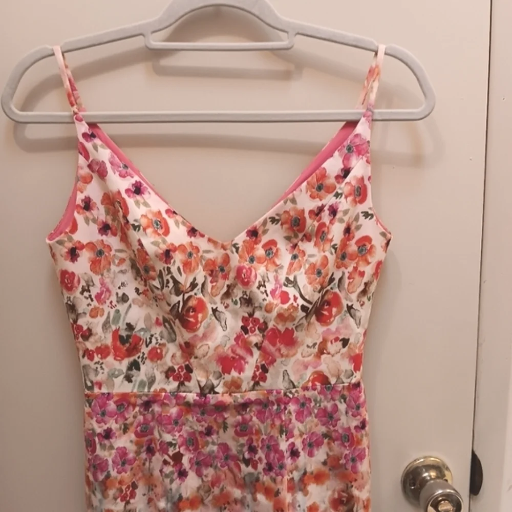 Black Halo Jevette Pink & Orange Floral Spaghetti Strap Fitted Pencil Dress 2 - Picture 5 of 11